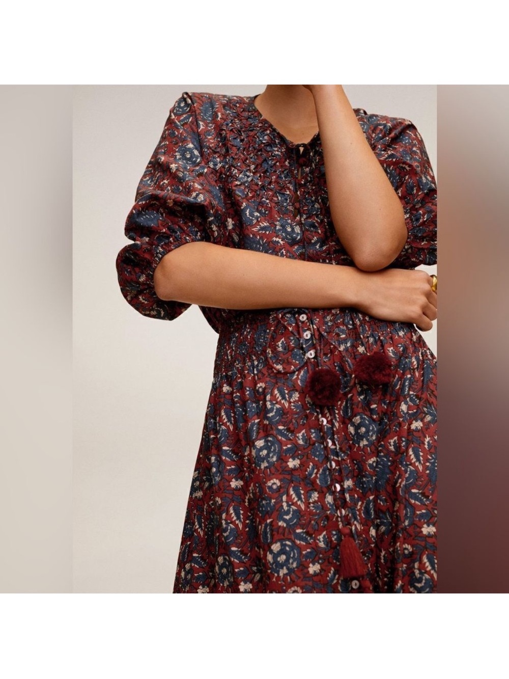 Mango Co-Ord Set Blouse and Skirt Floral Viscose like new. Pompom removed